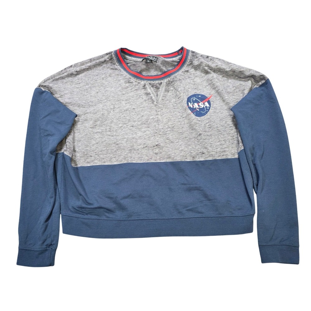 Fifth Sun NASA Logo Sweatshirt Women's Size L Gray Blue Colorblock Long Sleeve